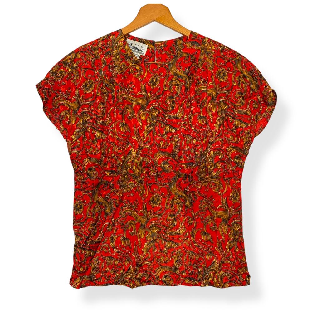 Vintage 90s US 8 Notations women's red gold damask glossy short sleeve blouse